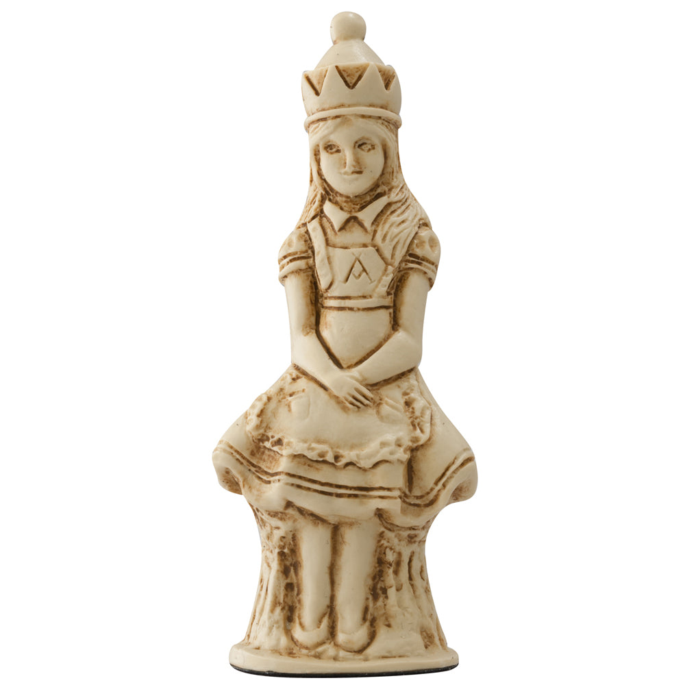 A handmade chess piece featuring the Character "Alice" from Alice in Wonderland.