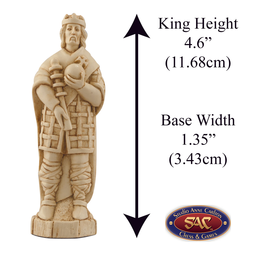 A handmade chess piece featuring Harold II, King Of England from The Battle of Hastings, Alongside measurement information.