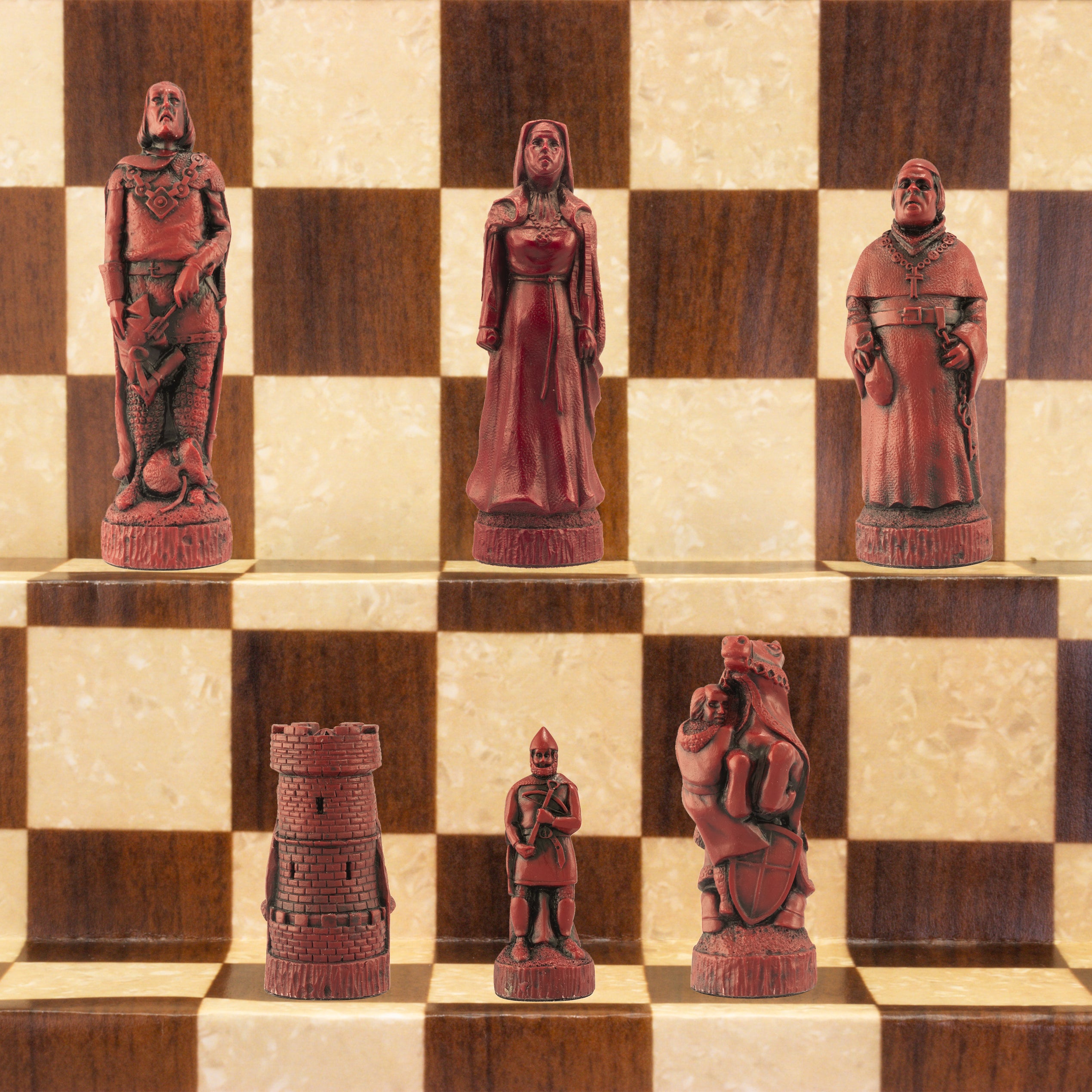 One side of a hand made themed chess set, inspired by the legend surrounding Robin Hood. This side contains The Sherrif of Nottingham as the King, a prioress as the Queen, The Abbot of St Mary's as the Bishop, Sir Guy as the Knight, The Keep of Nottingham Castle as the Rook, and Soldiers of the Sherrif as the pawns. These pieces are coloured in a burgundy style.