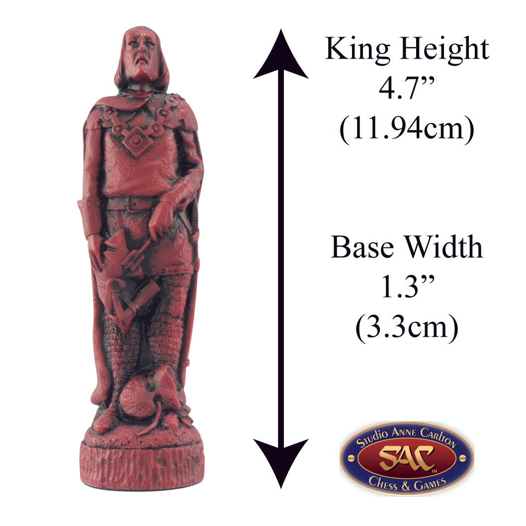 Burgundy coloured themed King chess piece depicting the Sherrif of Nottingham, the primary antagonist of Robin Hood.
Includes measurement information for the piece, it is 4.7" inches tall and 1.3" inches.