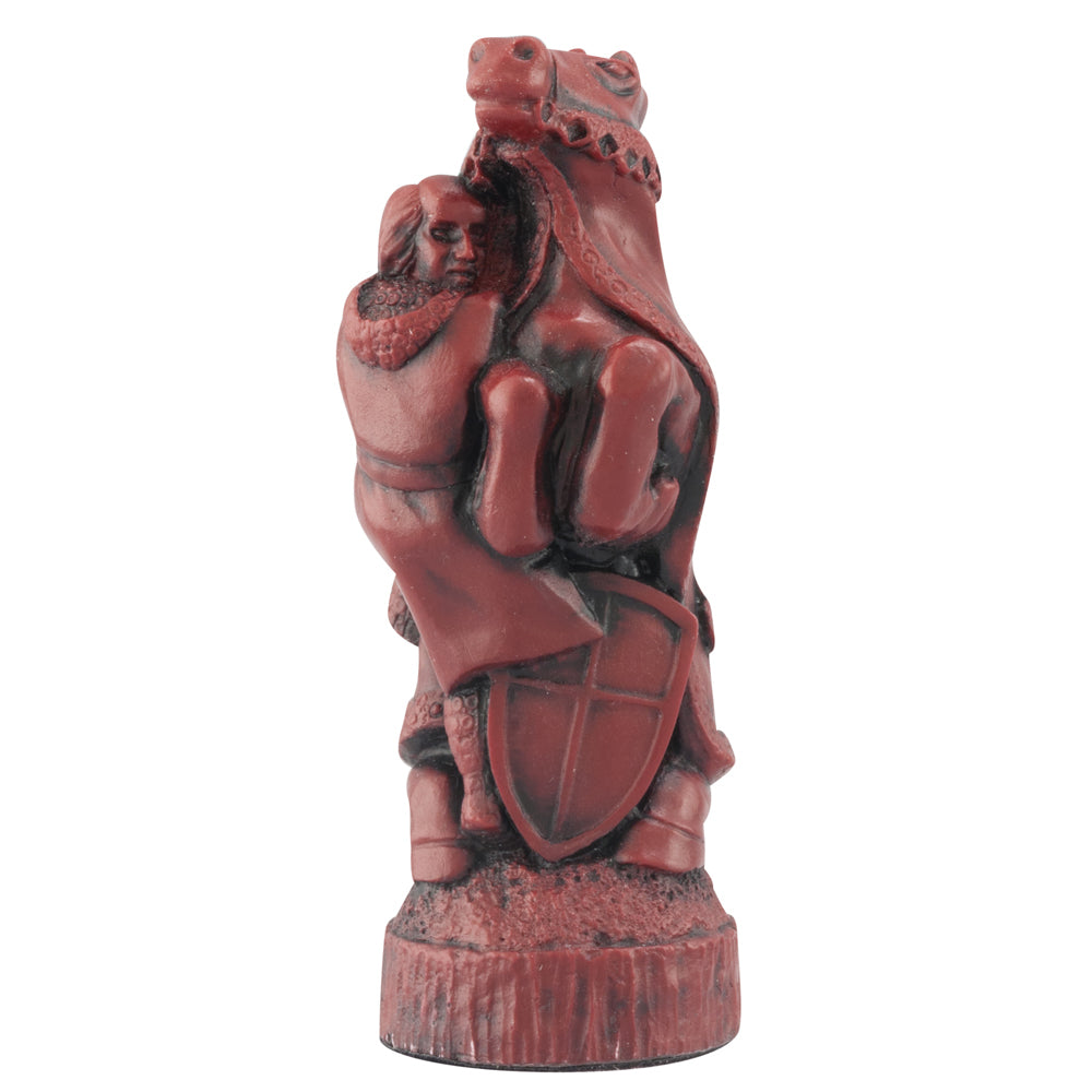 Burgundy coloured themed Knight chess piece depicting Sir Guy of Gisborne, a hired killer who attempted to kill Robin Hood.