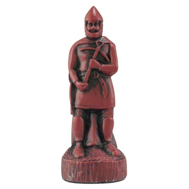 Burgundy coloured themed Pawn chess piece depicting a foot soldier of the Sherrif of Nottingham.