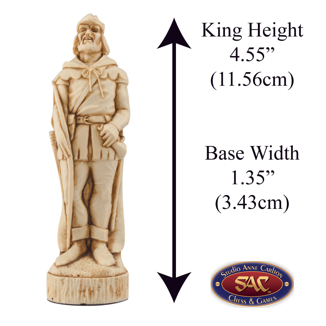 Ivory coloured themed King chess piece depicting Robin Hood, the brilliant archer who leads a band of merry men.
Includes measurement information for the piece, it is 4.55" inches tall and 1.35" inches wide.