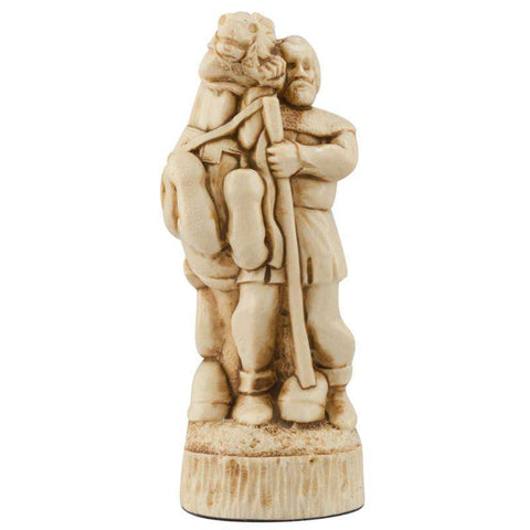 Ivory coloured themed Knight chess piece depicting Will Scarlet, from the legend surrounding Robin Hood.
