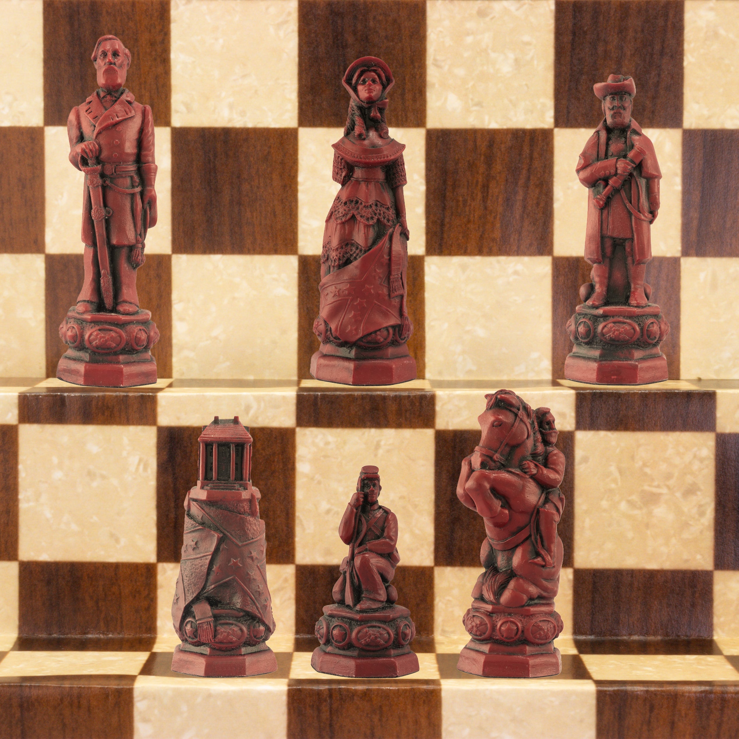 A handmade chess set featuring various historical figures from the American Civil War era, placed on a checkered background.