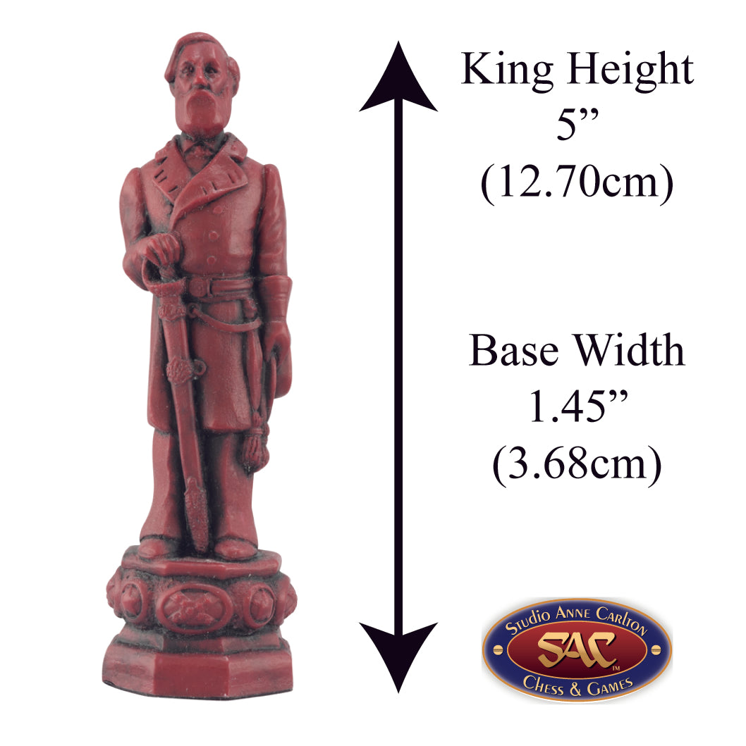 A handmade chess piece featuring General Robert.E Lee from The American Civil War, Alongside measurement information.
