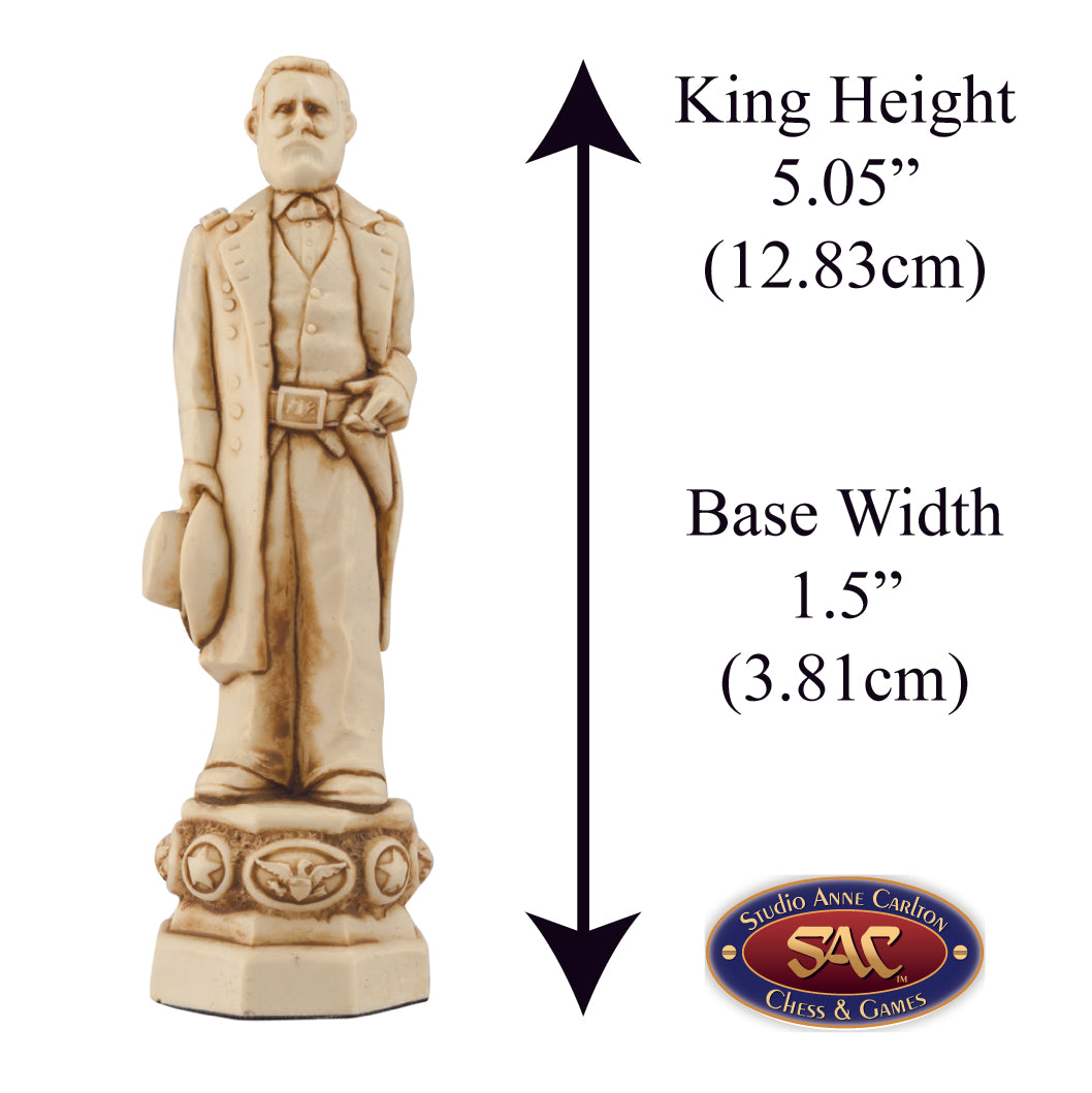 A handmade chess piece featuring General Ulysses Grant from The American Civil War, Alongside measurement information.