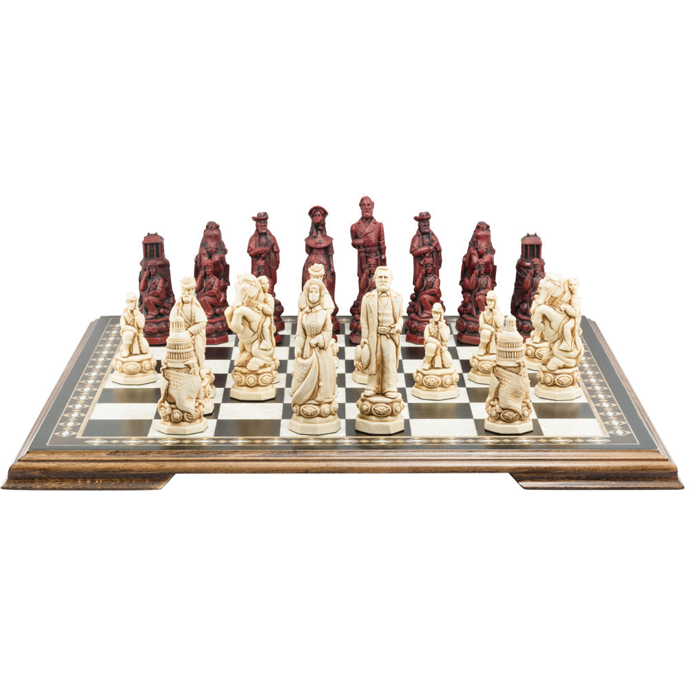 A collection of hand-made chess pieces based on historical figures from the American Civil War, displayed on a chessboard.