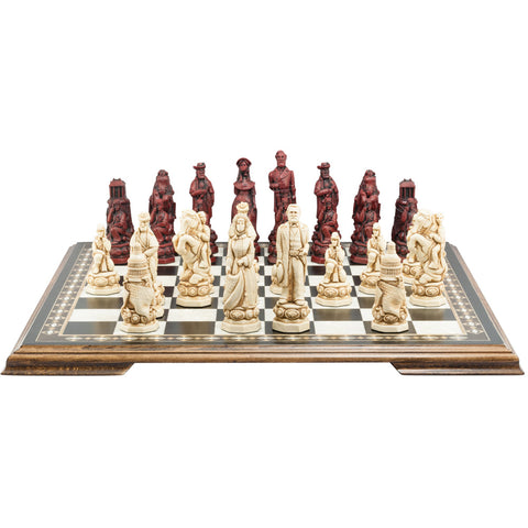 A collection of hand-made chess pieces based on historical figures from the American Civil War, displayed on a chessboard.