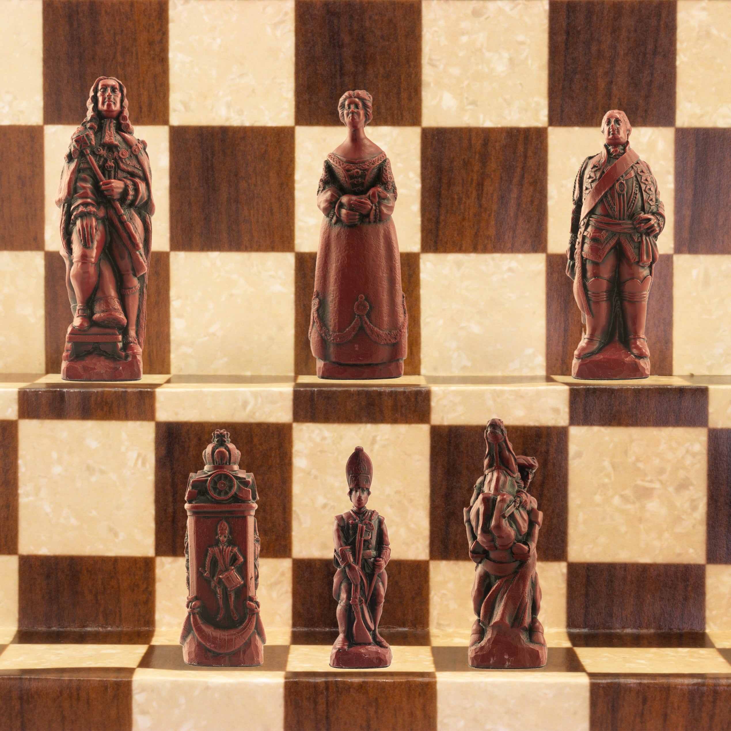 A handmade chess set depicting figures from the Battle of Culloden, with pieces in ivory and burgundy colours, placed on a checkered background.