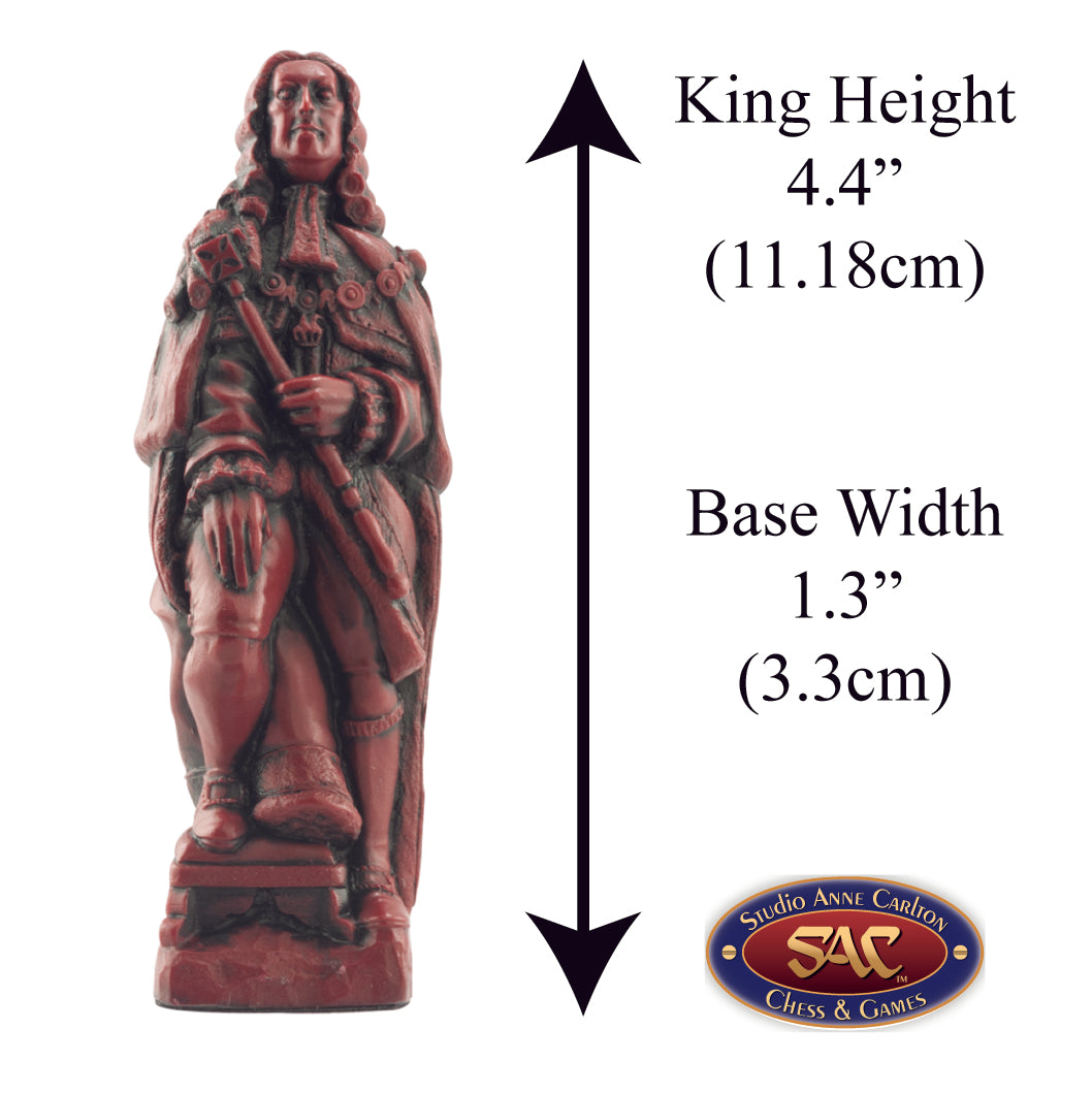 A handmade chess piece featuring George II, King Of England from The Battle of Culloden, Alongside measurement information.