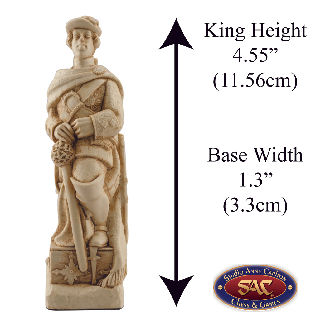 A handmade chess piece featuring Bonnie Prince Charlie from The Battle of Culloden, Alongside measurement information.