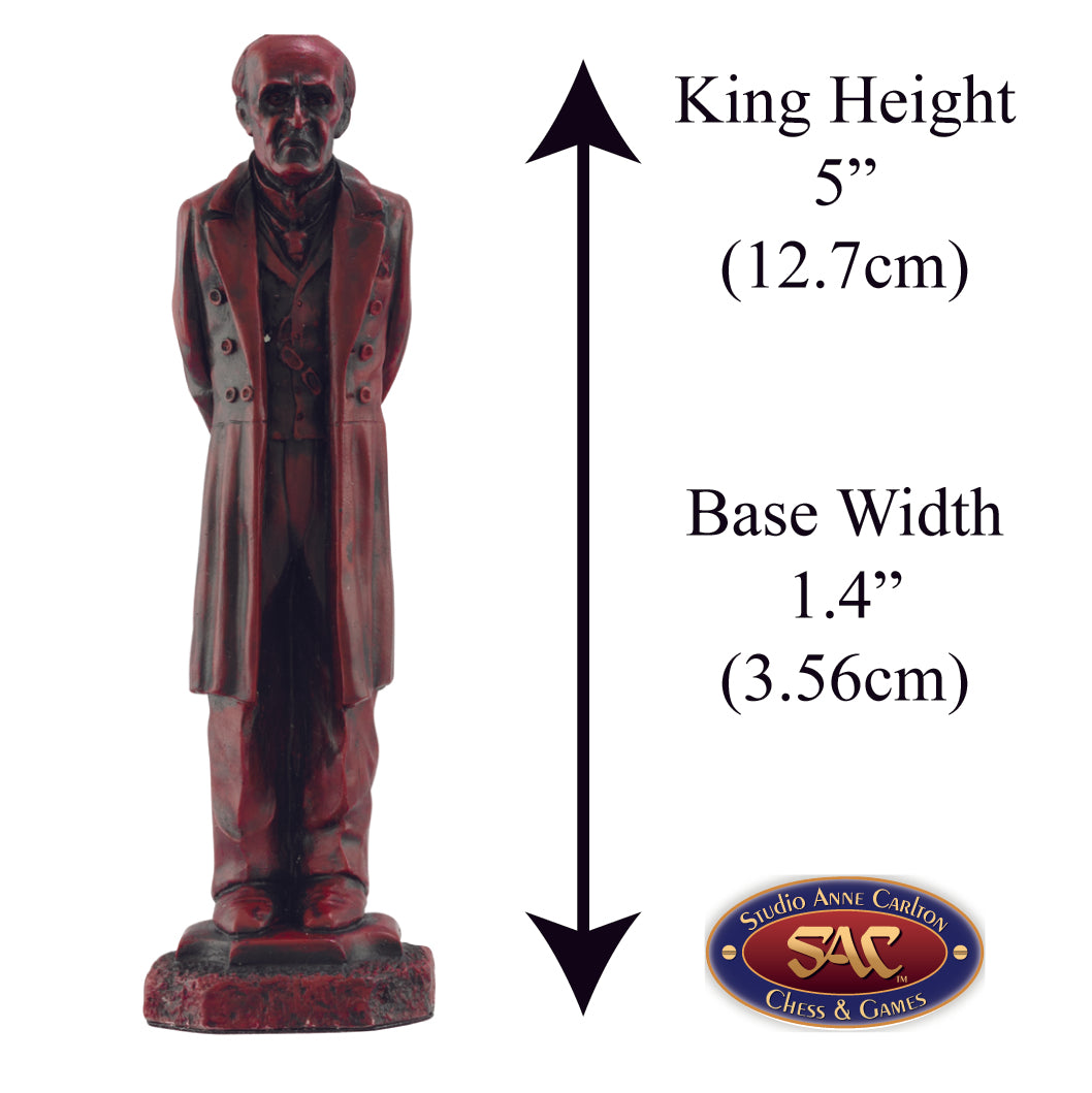 Burgundy coloured themed King chess piece depicting Professor Moriarty, referred to by Holmes as ‘the Napoleon of Crime’ and without doubt Sherlock Holmes’ most formidable adversary.
Includes measurement information for the piece, it is 5" inches tall and 1.4" inches wide.