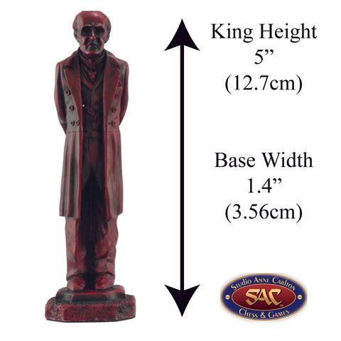 Burgundy coloured themed King chess piece depicting Professor Moriarty, referred to by Holmes as ‘the Napoleon of Crime’ and without doubt Sherlock Holmes’ most formidable adversary.
Includes measurement information for the piece, it is 5" inches tall and 1.4" inches wide.