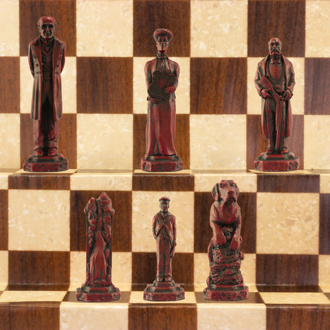 Burgundy coloured themed chess pieces depicting Professor Moriarty, Irene Adler, Colonel Moran, The Hound of The Baskervilles, Rechenbach Falls & Victorian Loafers. Atop a Brown and White Chessboard.