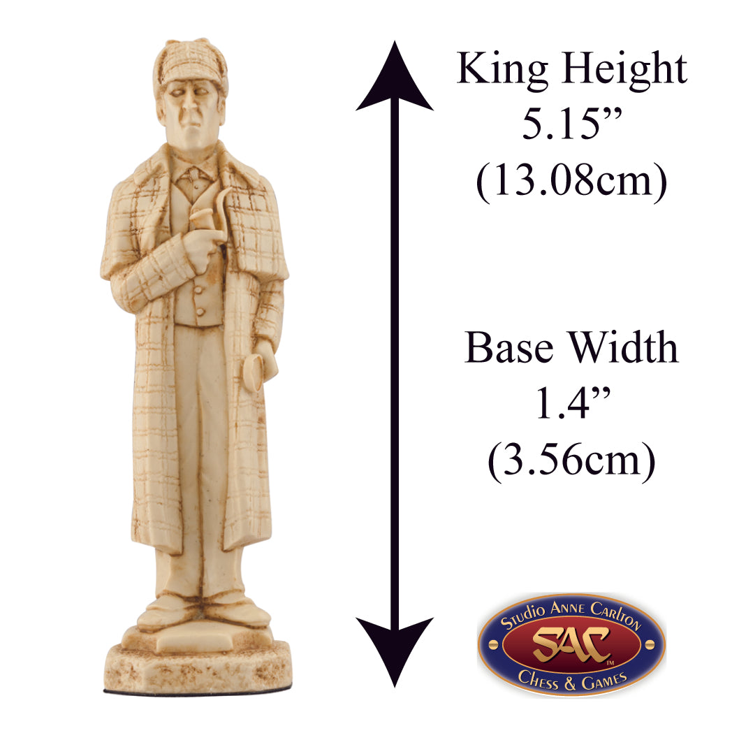 Ivory coloured themed King chess piece depicting Sherlock Holmes, the great man himself, the best known and best loved detective in literature.
Includes measurement information for the piece, it is 5.15" inches tall and 1.4" inches wide.