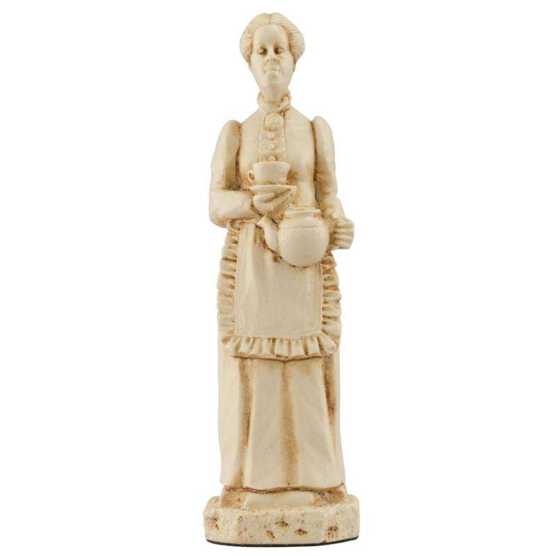 Ivory coloured themed Queen chess piece depicting Mrs Hudson, landlady and housekeeper for Sherlock Holmes and Doctor Watson.