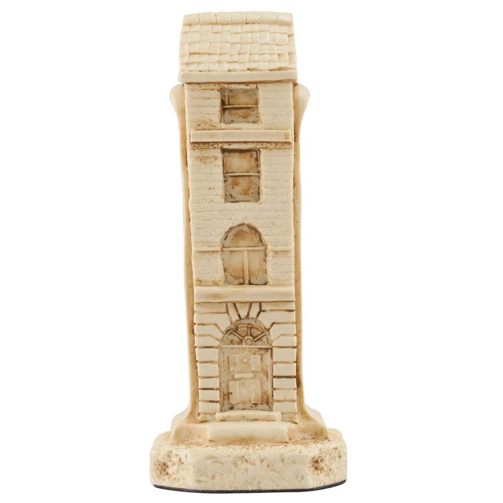 Ivory coloured themed rook chess piece depicting 221b Baker Street, the famous London address of Sherlock Holmes where he shared rooms with his colleague Doctor Watson