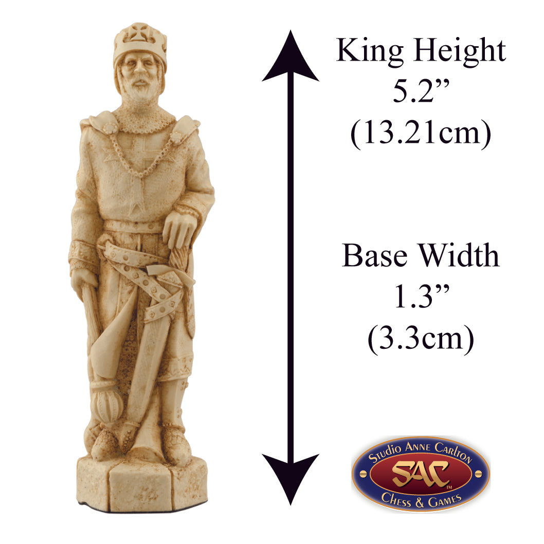 A handmade chess piece depicting Richard the I (Richard the Lionheart) King Of England from The Crusades, Alongside measurement information.

Richard Coeur de Lion, born 1157 died 1199.
Richard spent less than one year of his reign in the countr
Richard Coeur de Lion, born 1157 died 1199.
Richard spent less than one year of his reign in the country, the rest in the Crusades and defending his French provinces in Anjou and Normandy.
He fought many battles in the Holy Land against Saladin and his Muslim army. 