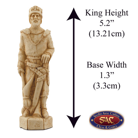 A handmade chess piece depicting Richard the I (Richard the Lionheart) King Of England from The Crusades, Alongside measurement information.

Richard Coeur de Lion, born 1157 died 1199.
Richard spent less than one year of his reign in the countr
Richard Coeur de Lion, born 1157 died 1199.
Richard spent less than one year of his reign in the country, the rest in the Crusades and defending his French provinces in Anjou and Normandy.
He fought many battles in the Holy Land against Saladin and his Muslim army. 