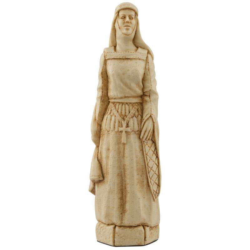 A handmade chess piece depicting Berengaria of Navarre, Wife of Richard the Lionheart.

Wife of Richard I and Queen of England. Richard’s long absences abroad made her life a solitary and pious one and she is dressed here with only a little of the regal finery of a Queen.