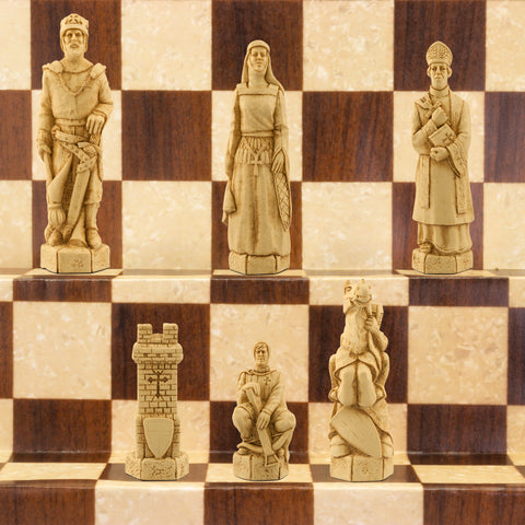 Chess pieces with a Crusades theme, including figures like King Richard the Lionheart and Saladin, displayed on a chess board.

The chess set concent
The chess set concentrates particularly on the Third great Crusade led by King Richard I of England, who in 1189 joined King Philip II of France in an effort to recapture the holy city of Jerusalem. King Richard, with 8000 troops, seized Cyprus and some cities on the Palestinian coast, but ultimately failed to dislodge the Muslim leader Saladin from Jerusalem.