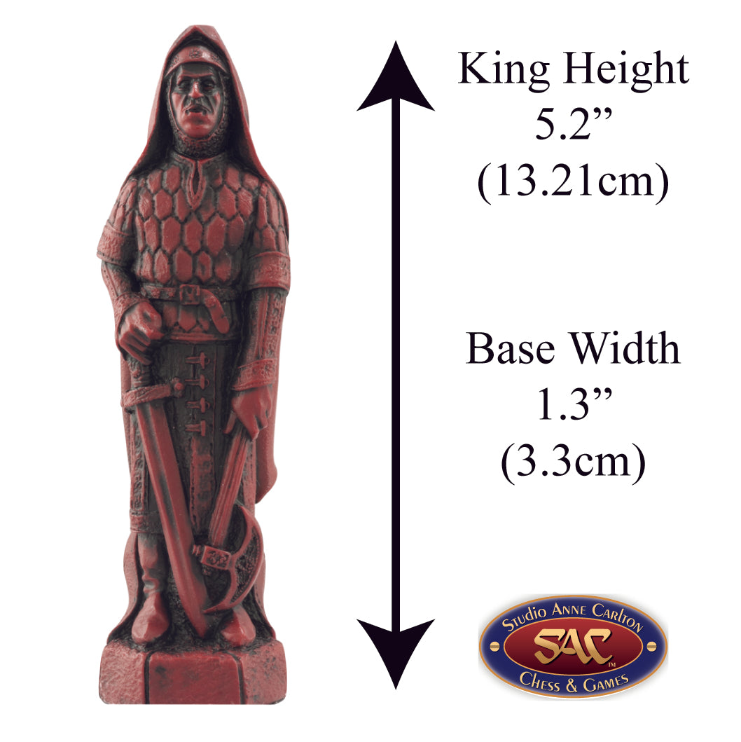 A handmade chess piece depicting Saladin from The Crusades, Alongside measurement information.

As he was known to his Christian enemies, or more correctly Salah Ed-Din, born 1138 died 1193, he was the greatest Muslim general and leader of the Crusade period. He and his armies put an end to Christian supremacy in the Holy Land. He was of Armenian Kurdish origin and rose to the rank of Vizier before becoming the first Ayubid sultan of Egypt.