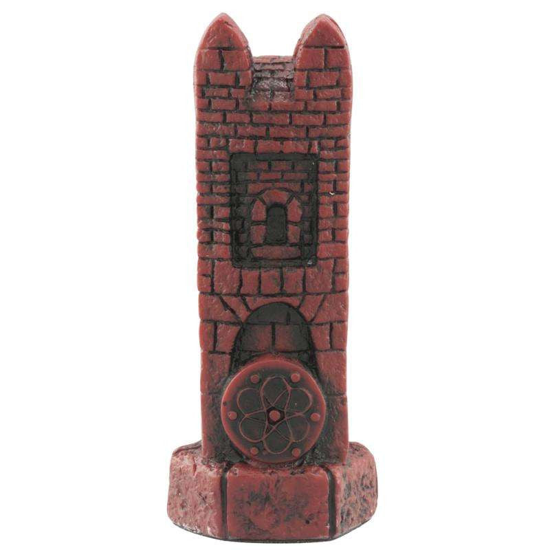 A handmade chess piece depicting a tower from the Castle at Qalaat al Jindi.

Saladin occupied several castles during his campaigns, but his own castle at Qalaat al Jindi had gates decorated with the sword and shield motif reproduced on our castle chess piece.

