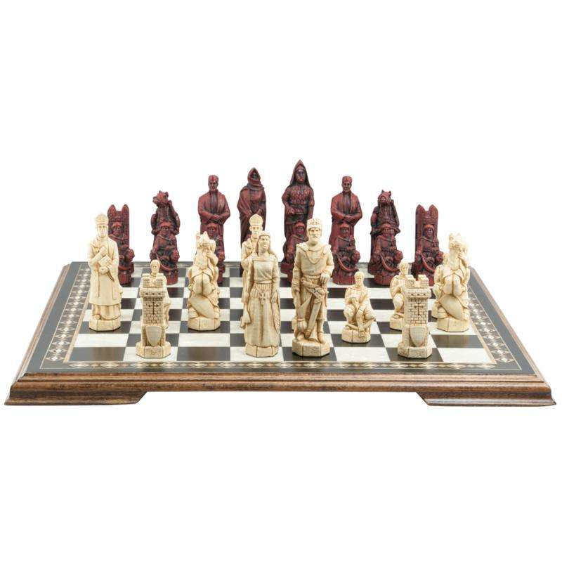Hand painted chess pieces with a Crusades theme, including figures like King Richard the Lionheart and Saladin, displayed on a chess board.

The chess set concentrates particularly on the Third great Crusade led by King Richard I of England, who in 1189 joined King Philip II of France in an effort to recapture the holy city of Jerusalem. King Richard, with 8000 troops, seized Cyprus and some cities on the Palestinian coast, but ultimately failed to dislodge the Muslim leader Saladin from Jerusalem.