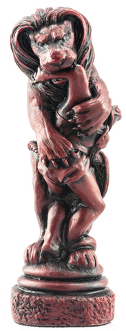 Burgundy coloured themed Knight chess piece Depicting a Bestarius Gladiator mid combat with a Lion.