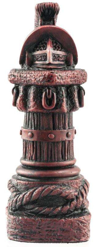 Burgundy coloured themed Rook chess piece Depicting a Samnite Gladiator's helmet mounted on an animal tethering post.