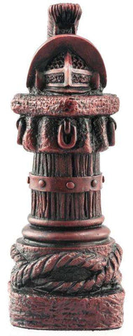 Burgundy coloured themed Rook chess piece Depicting a Samnite Gladiator's helmet mounted on an animal tethering post.
