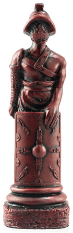 Burgundy coloured themed Pawn chess piece Depicting a Mirmillo Gladiator.