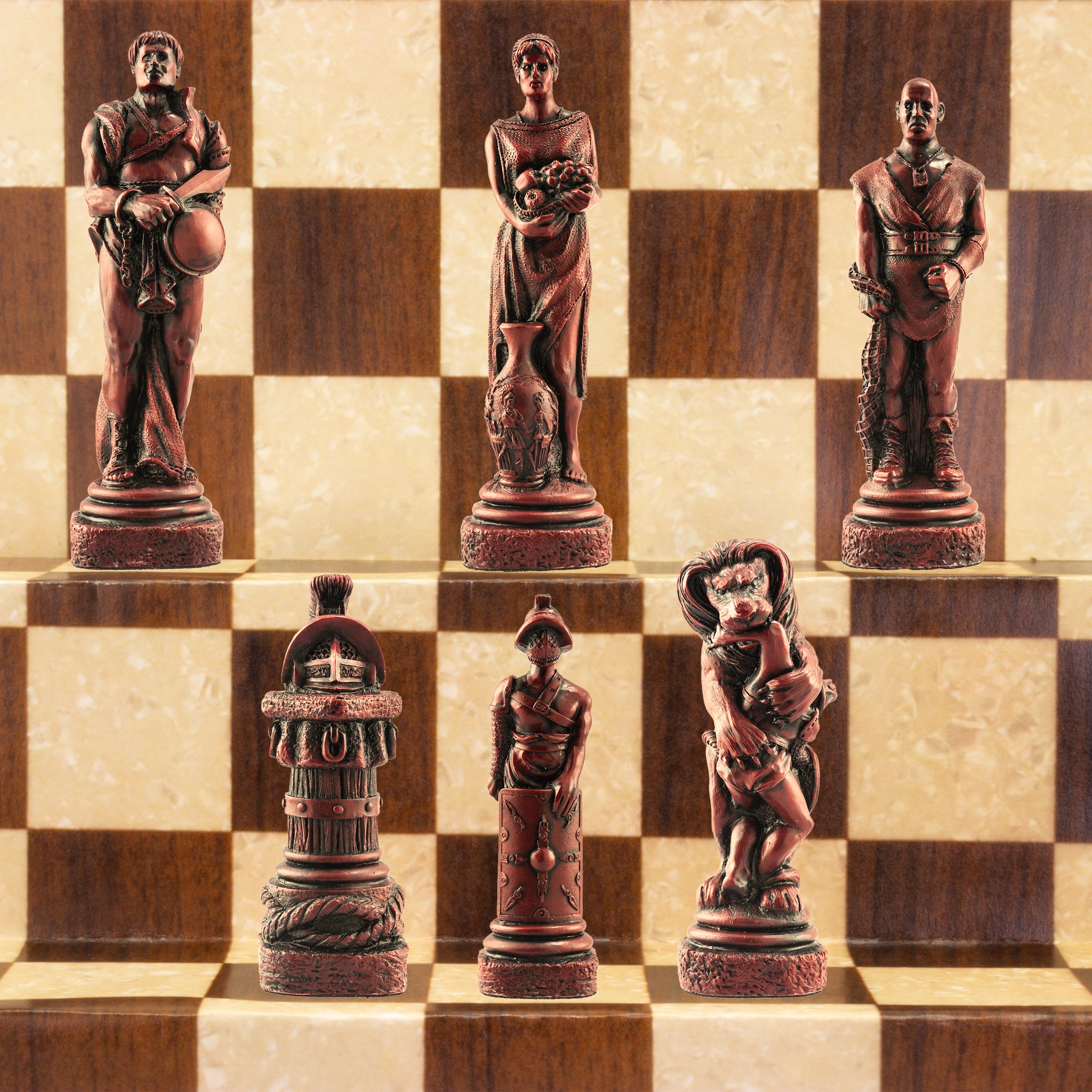 The Gladiator side of a Spartacus themed chess set, with Pieces depicting Spartacus and various slaves and gladiators.
