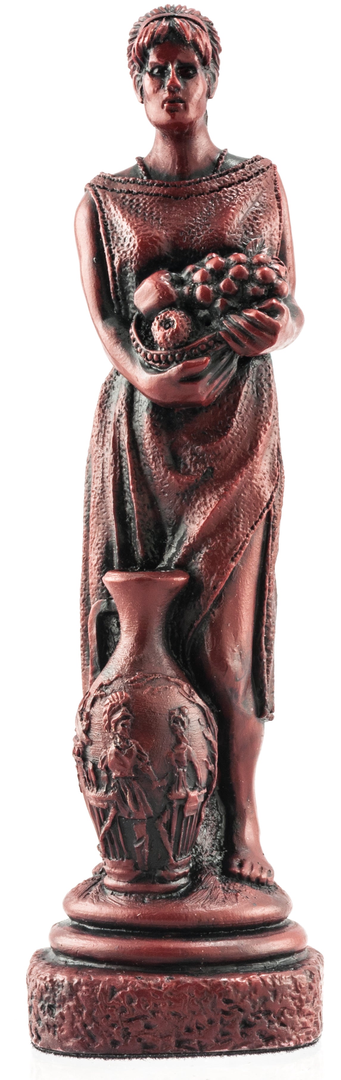 Burgundy coloured themed Queen chess piece Depicting a Roman Domestic Slave, with a plate of fruit and terracotta wine jug.