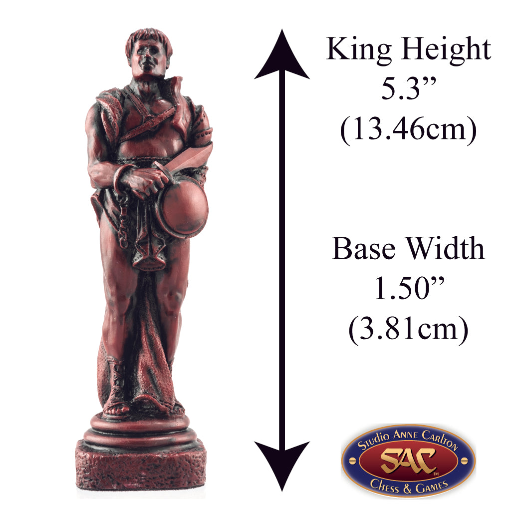 Burgundy coloured themed King chess piece depicting Spartacus, who led a revolt to free the Roman Slaves.
Includes measurement information for the piece, it is 5.3" inches tall and 1.5" inches wide.