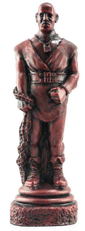 Burgundy coloured themed Bishop chess piece Depicting a Gladiator Trainer holding net of Retiarus.