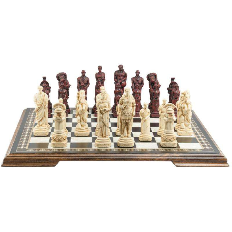 Ivory and Burgundy colour chess set featuring characters resembling Spartacus and other figures, placed on a wooden chessboard.