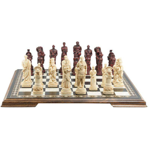 Ivory and Burgundy colour chess set featuring characters resembling Spartacus and other figures, placed on a wooden chessboard.