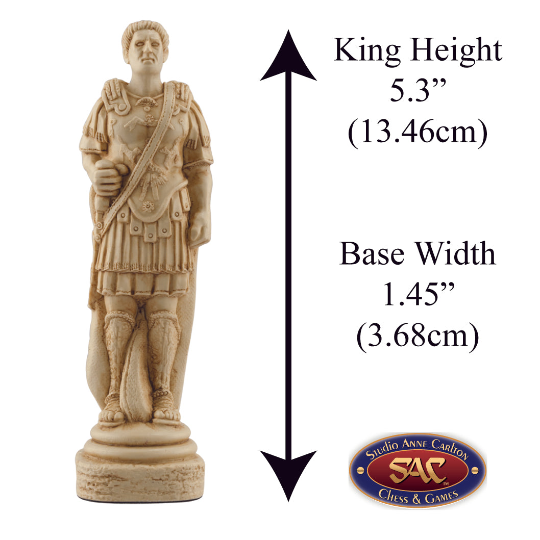 Ivory coloured themed King chess piece depicting Licinius Crassus, Roman General.
Includes measurement information for the piece, it is 5.3" inches tall and 1.45" inches wide.
