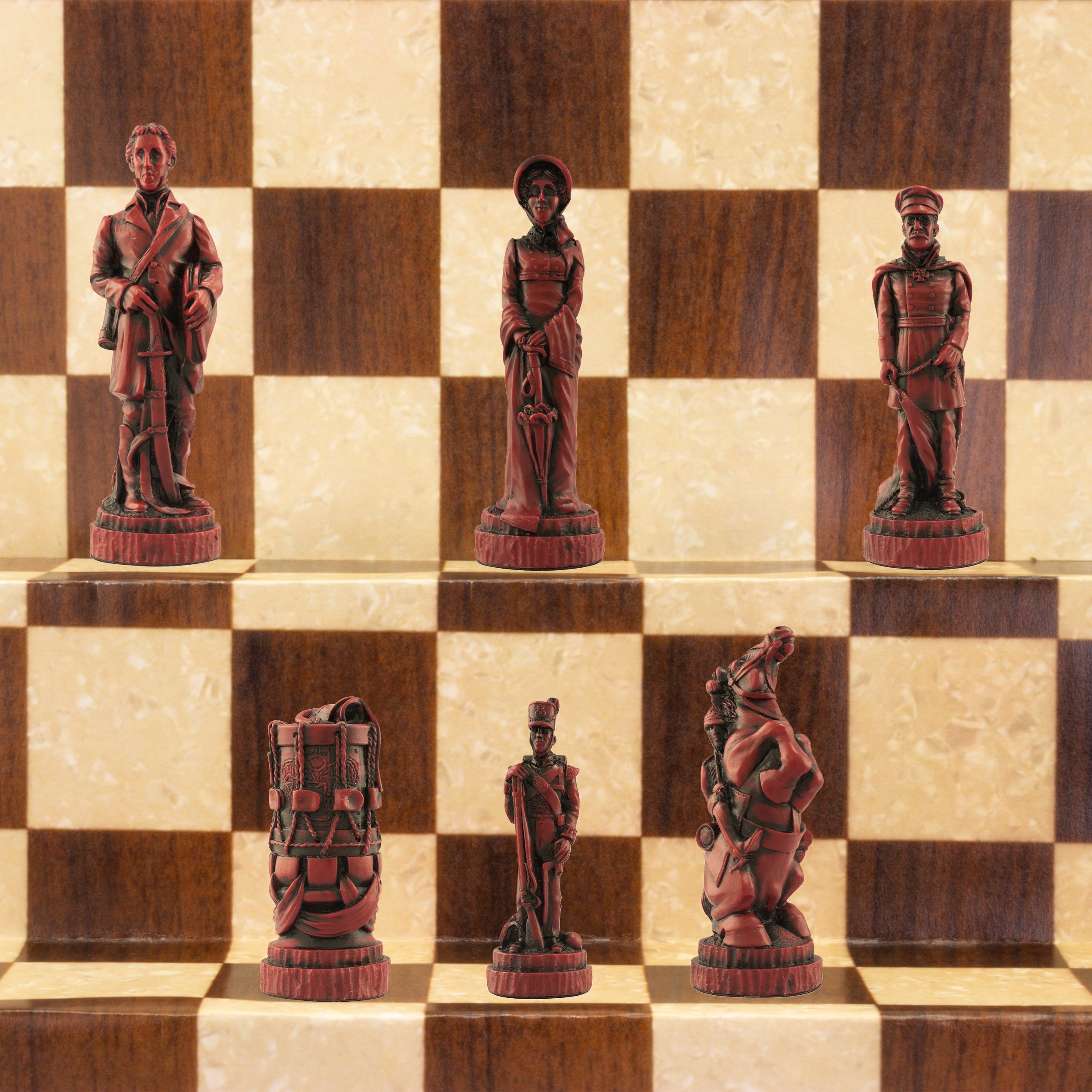 A hand made chess set depicting characters from the Battle of Waterloo, placed on a checkered board.