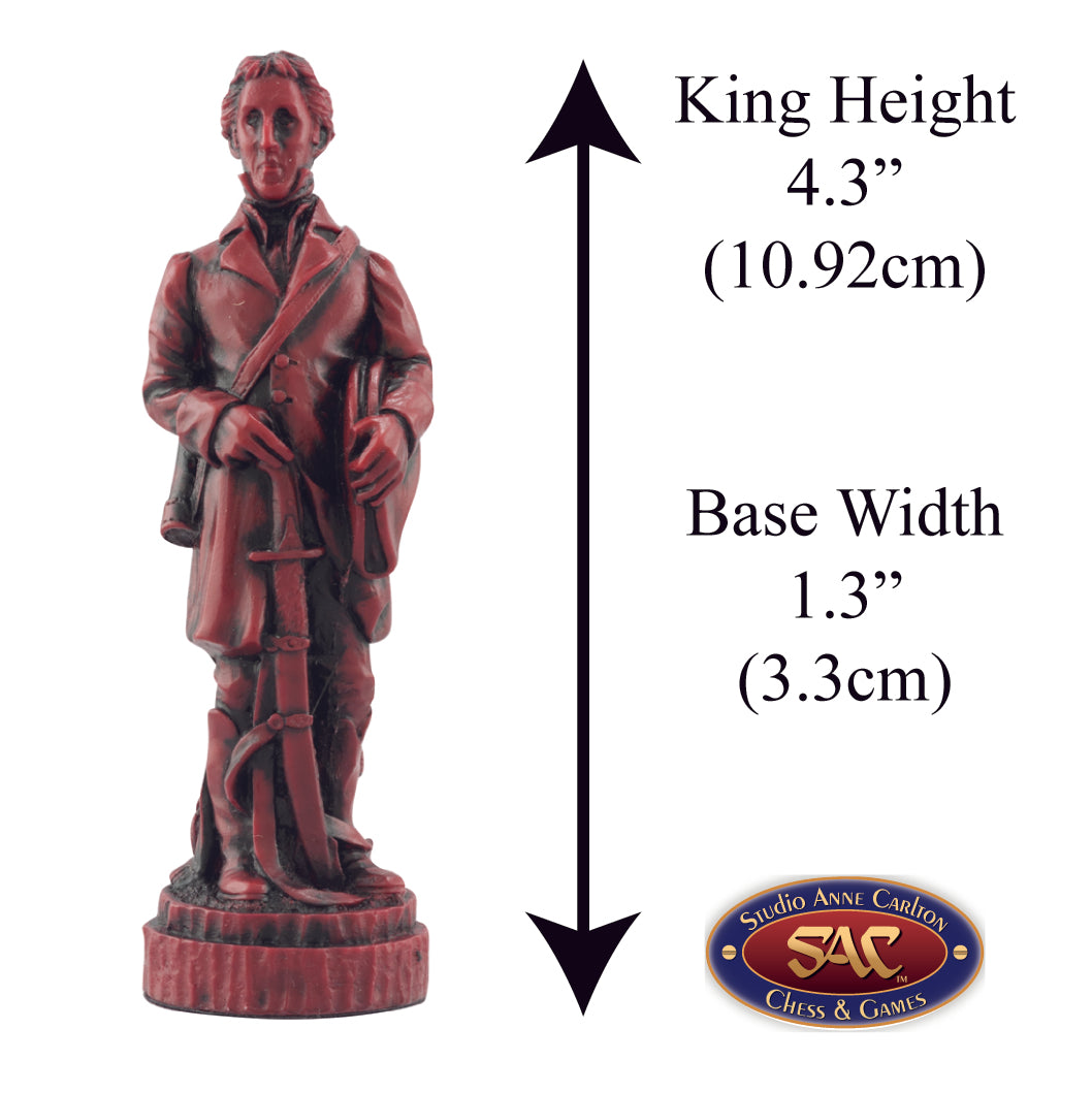 A handmade chess piece featuring The First Duke of Wellington from The Battle of Waterloo, Alongside measurement information.