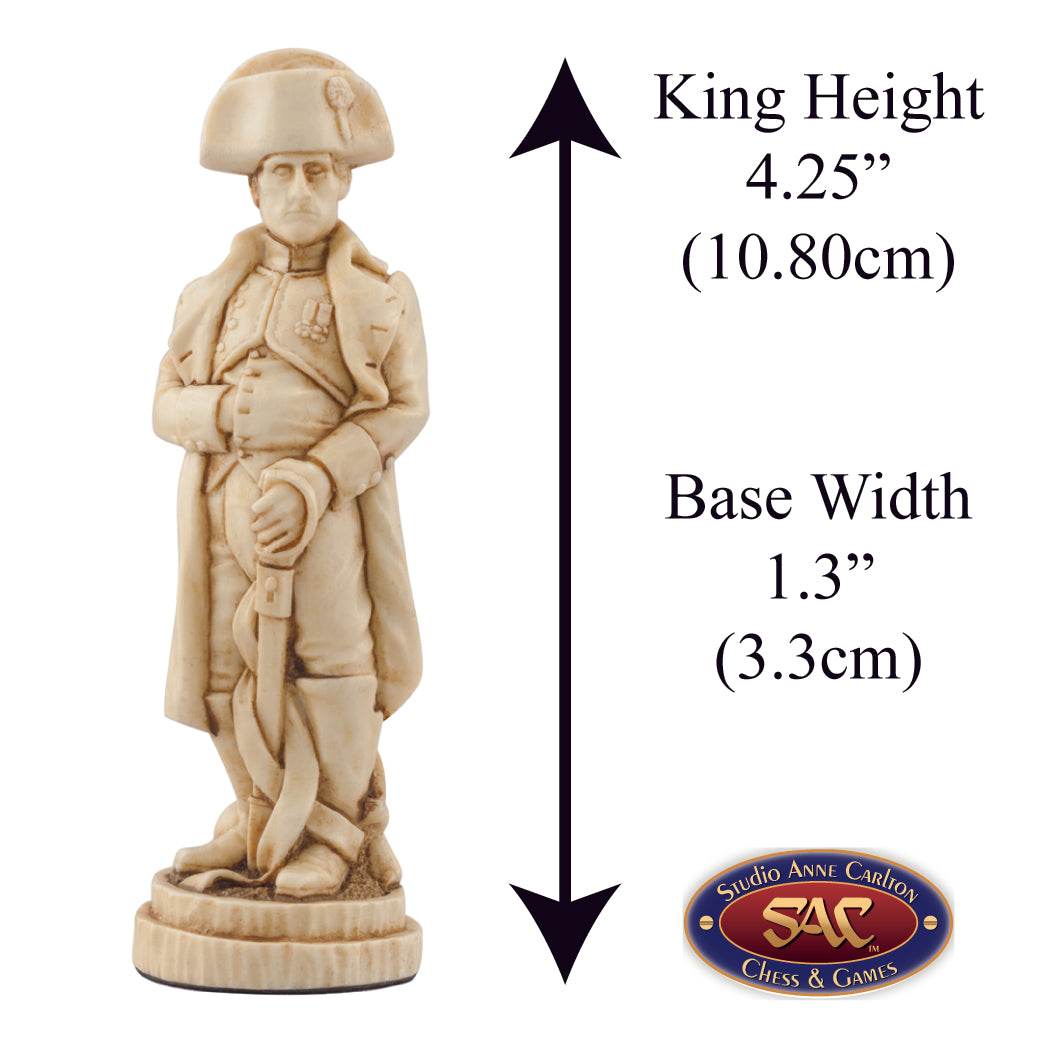 A handmade chess piece featuring Napoleon Bonaparte from The Battle of Waterloo, Alongside measurement information.
