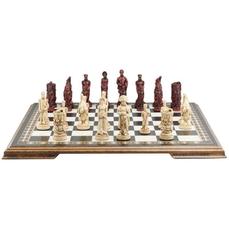 A hand made chess set depicting characters from the Battle of Waterloo, placed on a chess board.