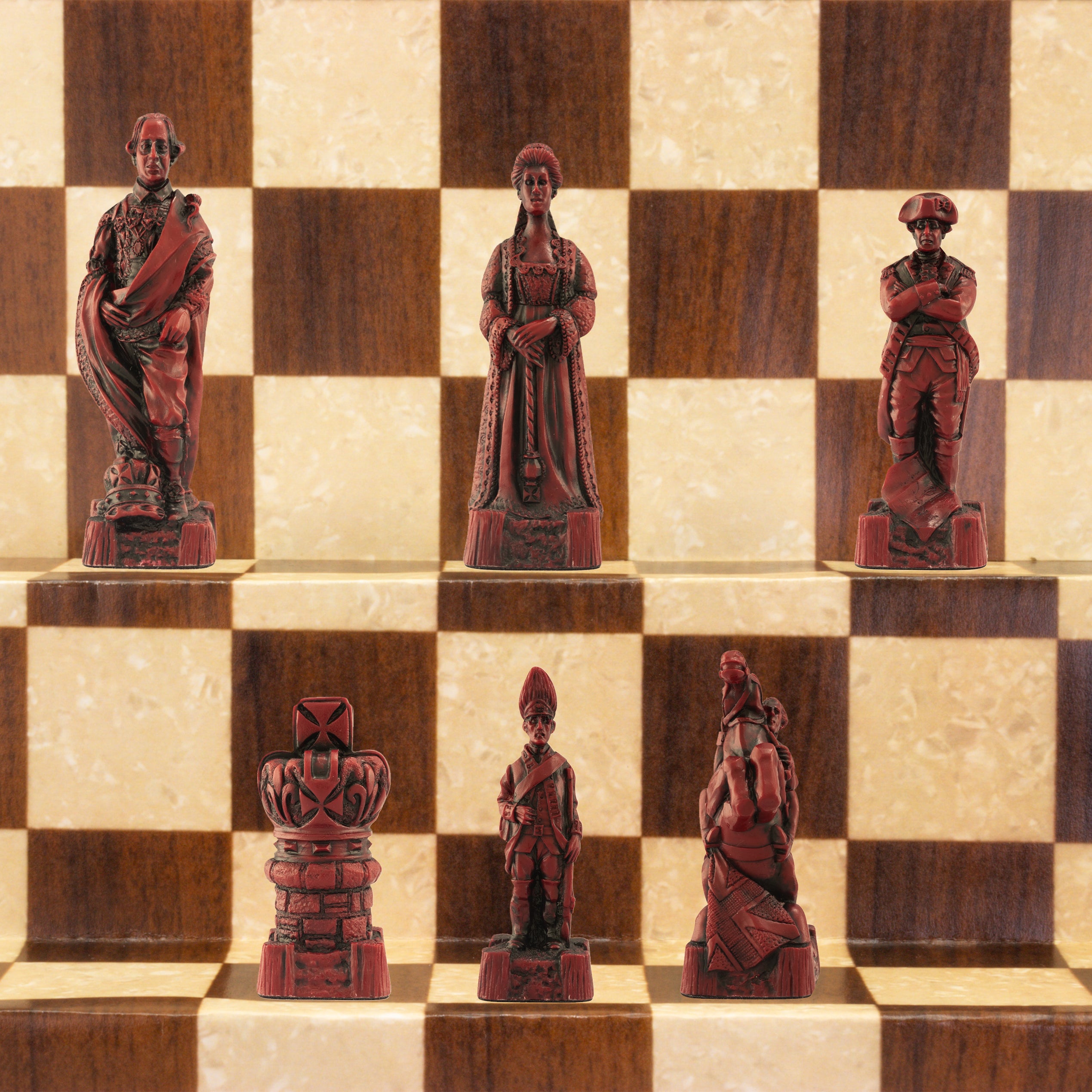 A handmade chess set depicting figures from the American Revolutionary War, placed on a checkered board. The figures include representations of George Washington, Benjamin Franklin, and other historical figures.