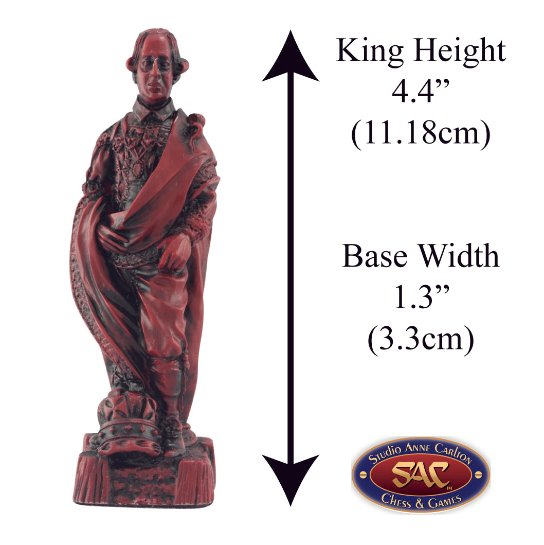 A handmade chess piece featuring George III from The American Revolution, Alongside measurement information.