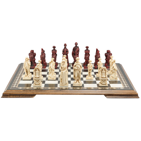 A handmade chess set depicting figures from the American Revolutionary War, placed on a chess board. The figures include representations of George Washington, Benjamin Franklin, and other historical figures.