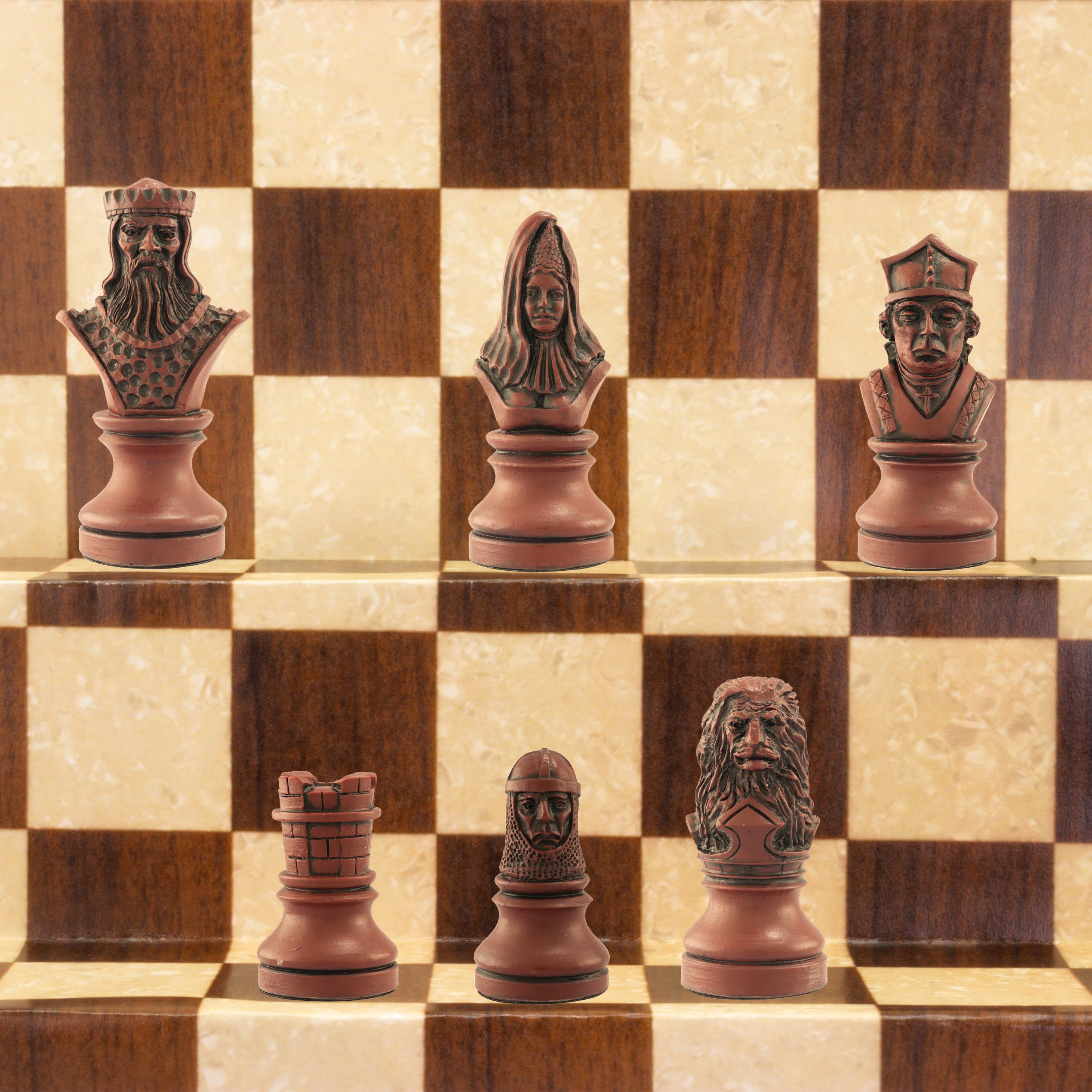 The burgundy coloured side of a hand made themed chess set, designed with a blend of the classic styles of Staunton and the Old French Dieppe, featuring characters such as Richard I as the King, Elanor of Aquitaine as the Queen, Hubert Walder as the Bishop, A Lion as the Knight, and William Marshall as the Pawn.