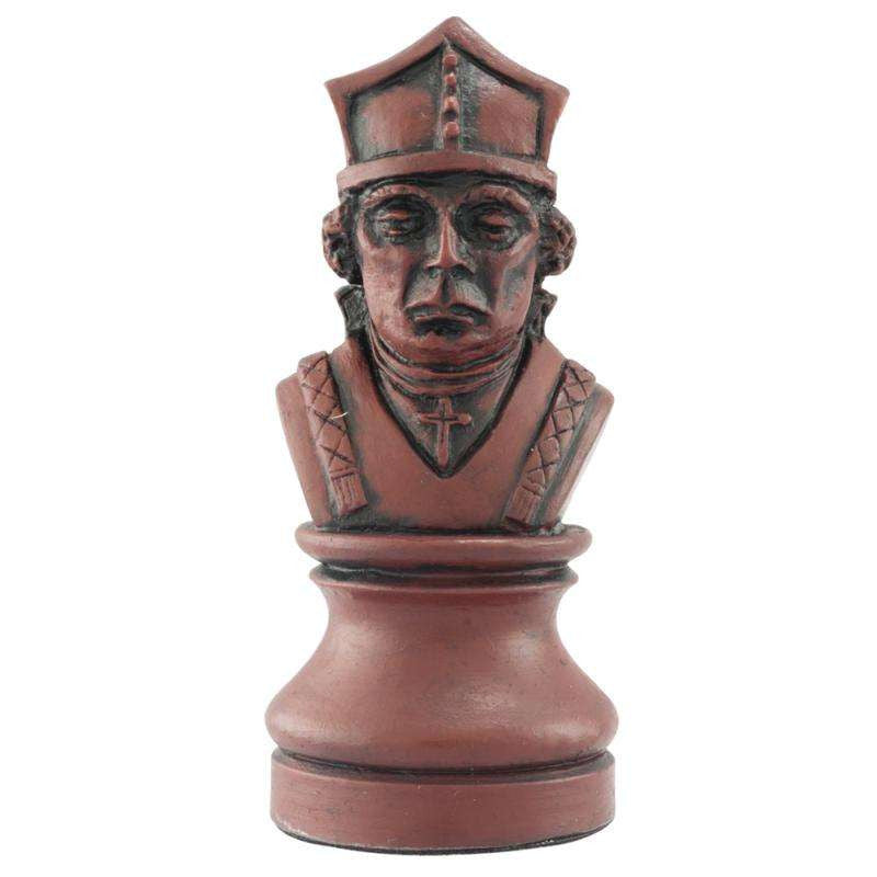 Burgundy coloured themed hand made Bishop chess piece designed with a blend of the classic styles of Staunton and the Old French Dieppe, depicting Hubert Walter, The Bishop of Salisbury who accompanied Richard the Lionheart on his Crusades.