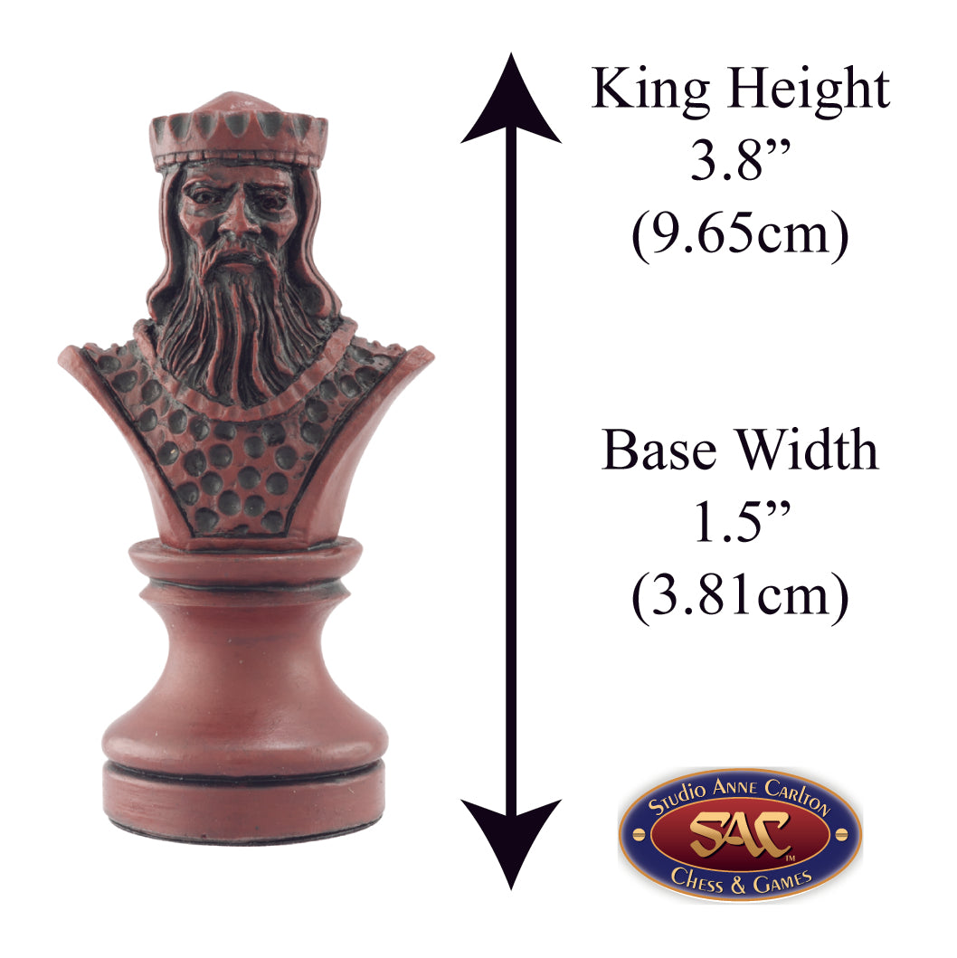 Burgundy coloured themed King chess piece designed with a blend of the classic styles of Staunton and the Old French Dieppe, Depicting Richard The 1st (Richard the Lionheart).
Includes measurement information for the piece, it is 3.8" inches tall and 1.5" inches wide.

